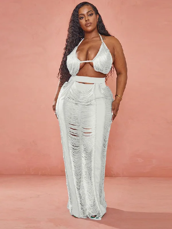 Znbbw 2023 Summer Knitted Hollow Out Sexy 2/Two Piece Skirt Sets Plus Size Women Outfits Holiday Beach Crop Top And Skirt