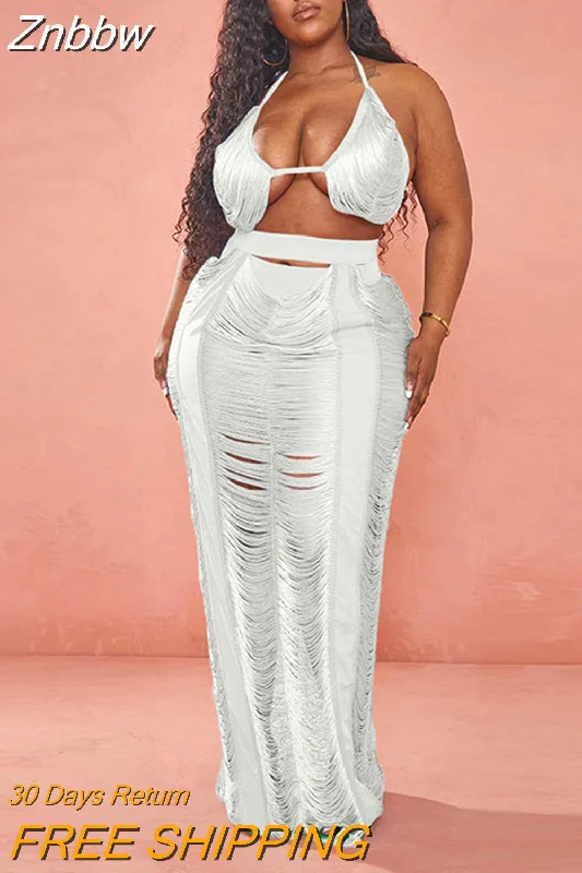 Znbbw 2023 Summer Knitted Hollow Out Sexy 2/Two Piece Skirt Sets Plus Size Women Outfits Holiday Beach Crop Top And Skirt