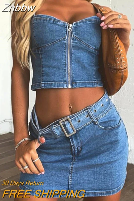 Znbbw Blue Denim Two Pieces Skirts Sets Women Jeans Streetwear Low Cut Straps Bustier Crop Tops+Mini Bodycon Skirts Club Sets