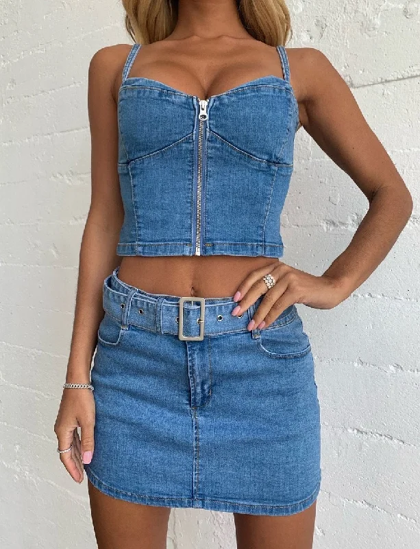 Znbbw Blue Denim Two Pieces Skirts Sets Women Jeans Streetwear Low Cut Straps Bustier Crop Tops+Mini Bodycon Skirts Club Sets