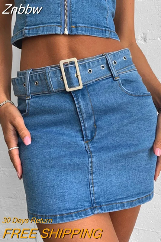 Znbbw Blue Denim Two Pieces Skirts Sets Women Jeans Streetwear Low Cut Straps Bustier Crop Tops+Mini Bodycon Skirts Club Sets