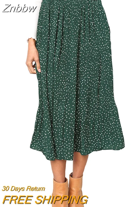 Znbbw Dots Floral Print Pleated Midi Skirt Women Elastic High Waist Side Pockets Skirts Summer 2023 Elegant Female Bottom