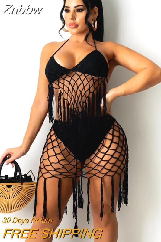 Znbbw Halter Top and Mini Skirt Women Crochet Two Piece Set Beach Summer Vacation Sexy 2 Piece Sets Festival Outfit 2023