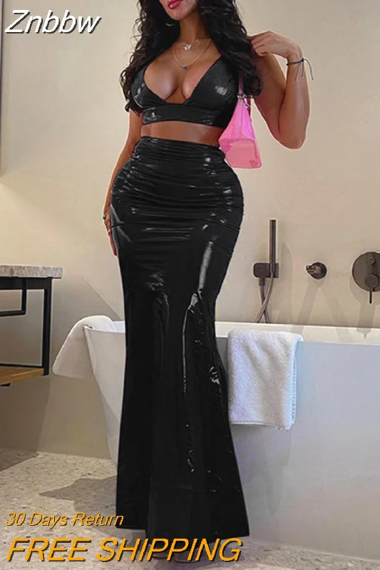 Znbbw Piece Set Women Faux Leather Outfits Sexy Backless Lace Up Camisole Top+High Waist Casual Maxi Skirt 2023 Spring Fall Suits