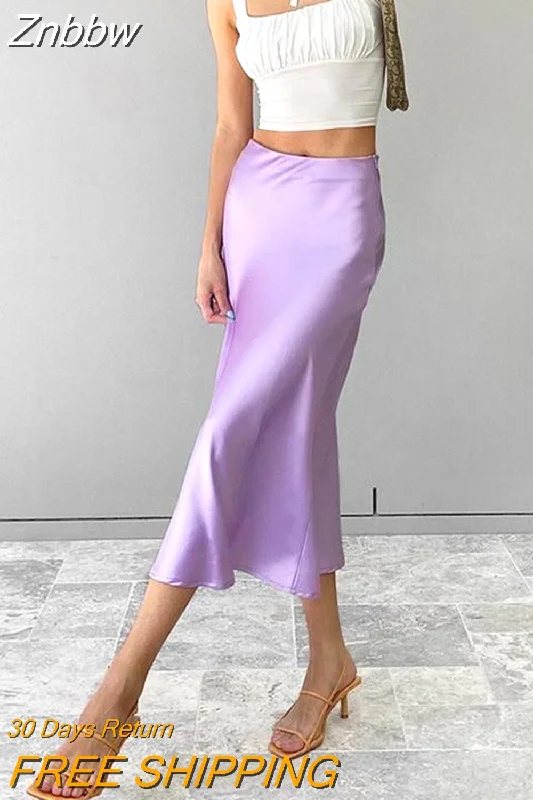 Znbbw Purple Satin Silk Skirt Women High Waisted Summer Long Skirt New 2023 Elegant Ladies Office Skirts Midi Spring