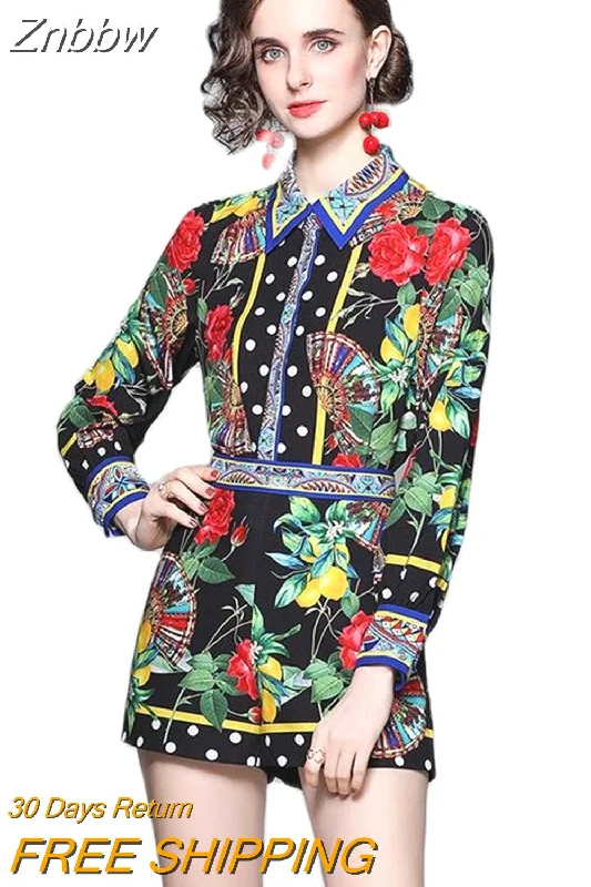 Znbbw Retro Fashion Women Runway 2 Piece Clothing Set Vintage Print Blouse Shirts + High Waist Mini Skirt Suits Lady Outfit