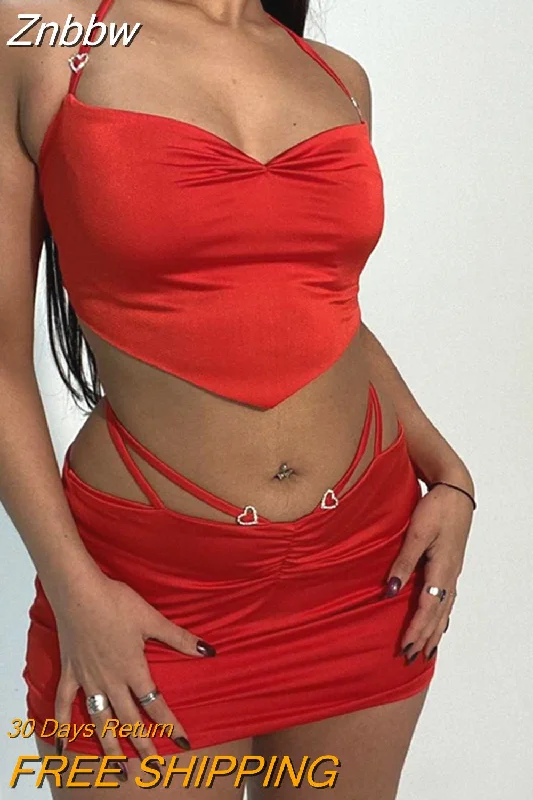 Znbbw Sexy Women Two-Piece Skirt Suits Summer Low Cut Halter Crop Tops and Ruched Mini Skirts Party Club Streetwear Suits