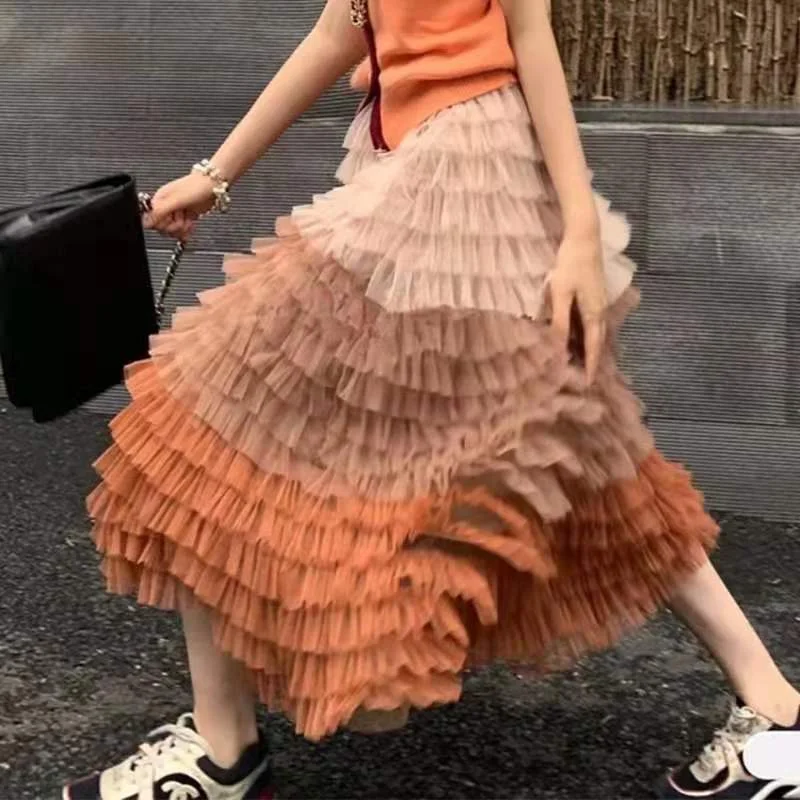 Znbbw Sweet Cake Layered Tulle Long Maxi Skirt Women Fashion 2023 High Waist Ruffled Vintage Tiered Pleated Mesh Skirts Falda