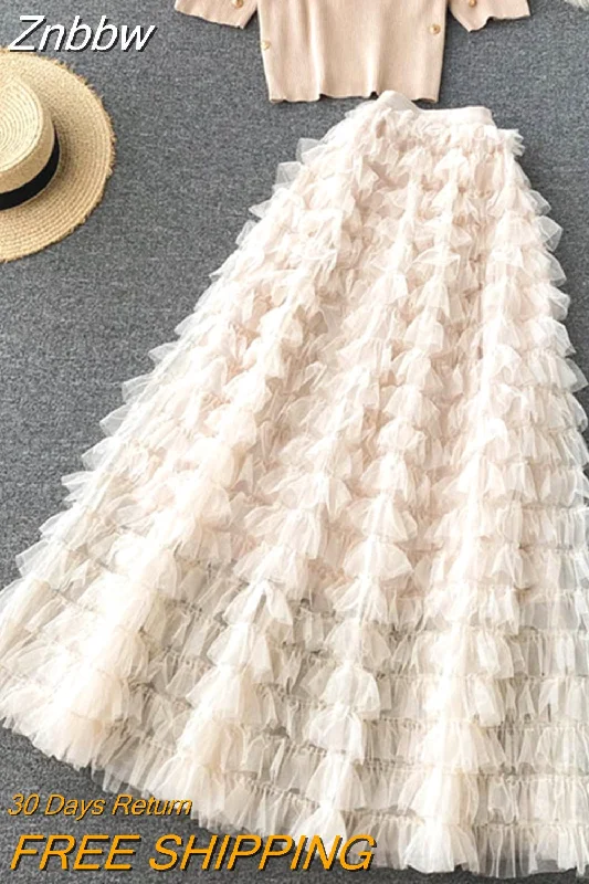 Znbbw Sweet Cake Layered Tulle Long Maxi Skirt Women Fashion 2023 High Waist Ruffled Vintage Tiered Pleated Mesh Skirts Falda