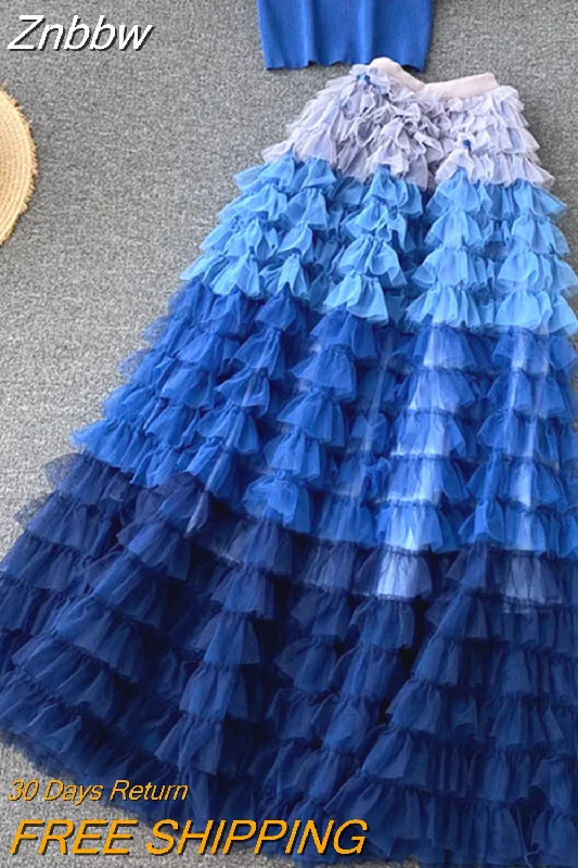 Znbbw Sweet Cake Layered Tulle Long Maxi Skirt Women Fashion 2023 High Waist Ruffled Vintage Tiered Pleated Mesh Skirts Falda