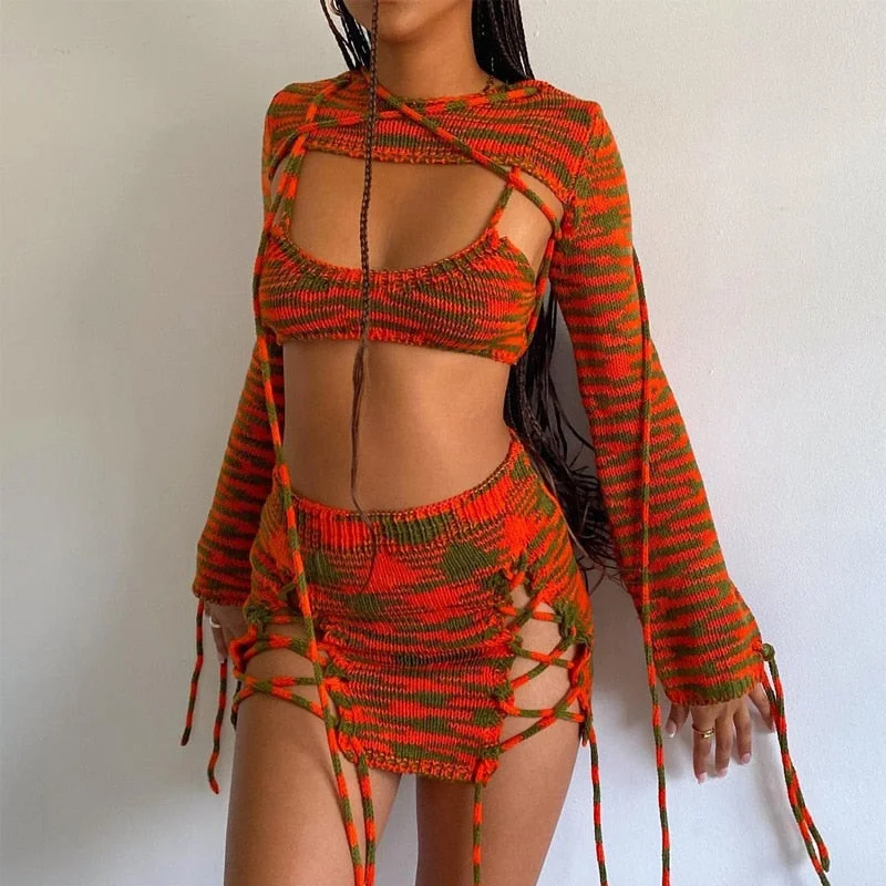 Znbbw Three-piece Dress Sets Women Matching Sets Streetwear E-girl Long Sleeve Crop Tops+Straps Camis+Cross Bandage Skirts