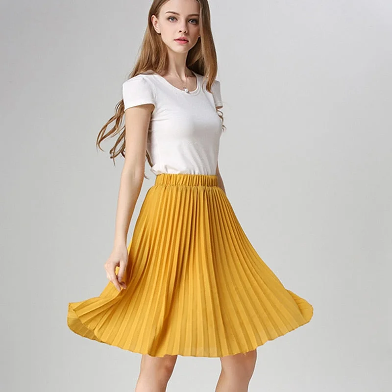 Znbbw Women Chiffon Pleated Skirt Vintage High Waist Tutu Skirts Womens Saia Midi Rokken 2016 Summer Style Jupe Femme Skirt