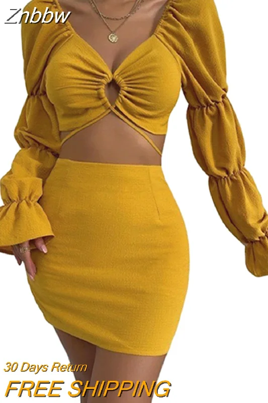 Znbbw Women Two-Piece Skirt Suits Chic Spring Summer Puff Long Sleeve Cutout Tie Up Crop Tops+Wrap Mini Skirts Party Outfits