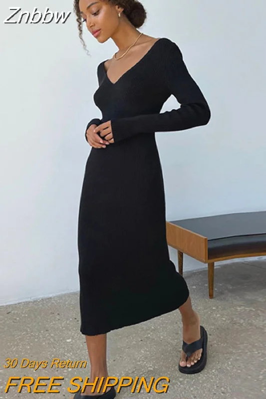 Znbbw Women Winter Knitted Backless Elegant Sweater Dress Casual Long Sleeve V-Neck Slim Skirt Lady 2023 New Bodycon Midi Dresses