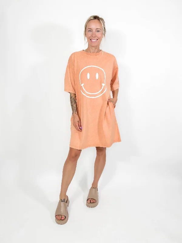 All Smiles T-Shirt Dress- CORAL