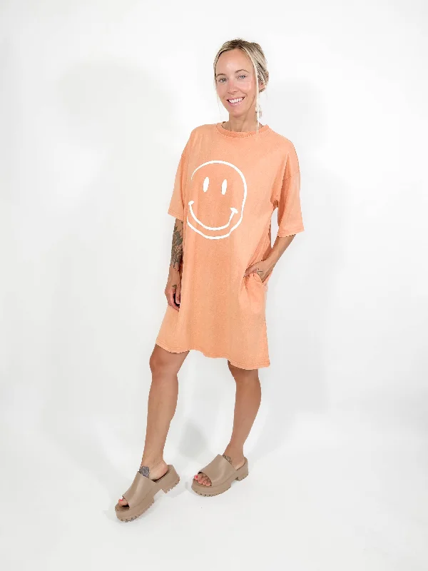 All Smiles T-Shirt Dress- CORAL