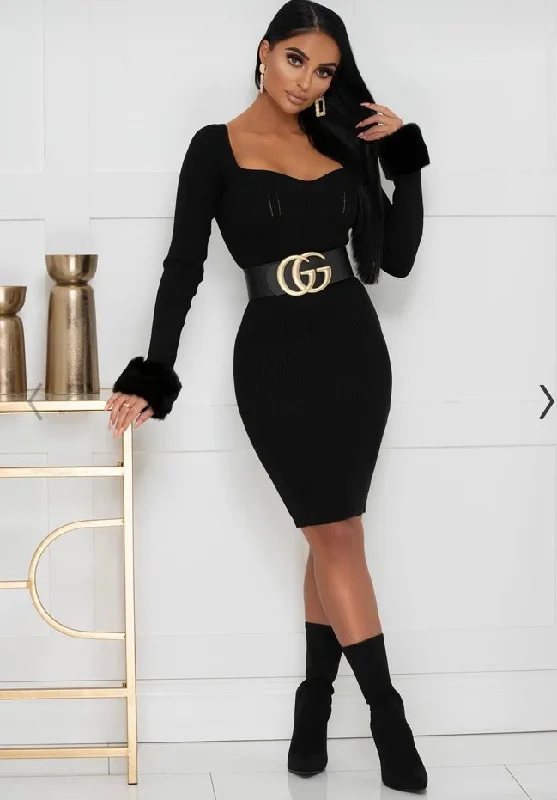 Blare Black Feather Cuff Full Sleeve Deep V neck Knitted Dress