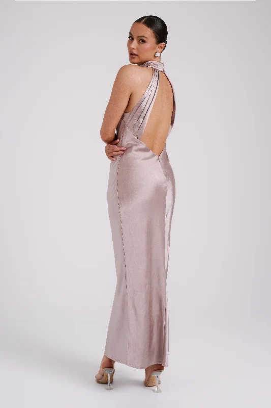 Claire Satin Drape Back Maxi Dress - Taupe