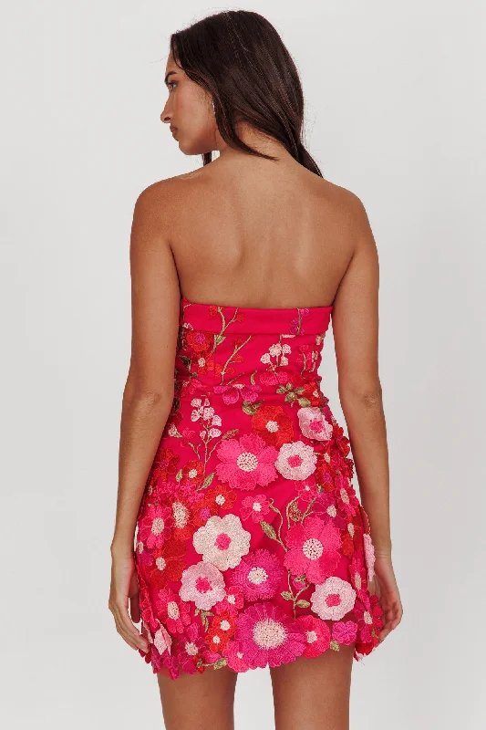 Flora Day Strapless Floral Embellished Mini Dress Fuchsia