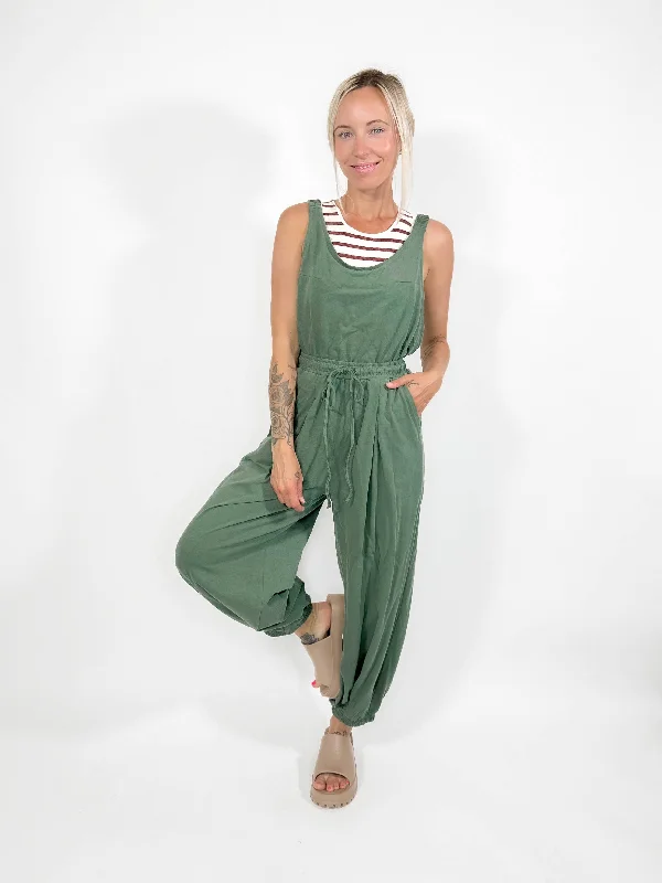 Going Places Jumpsuit- PINE