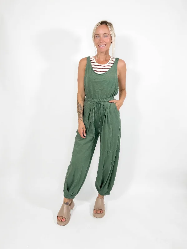 Going Places Jumpsuit- PINE