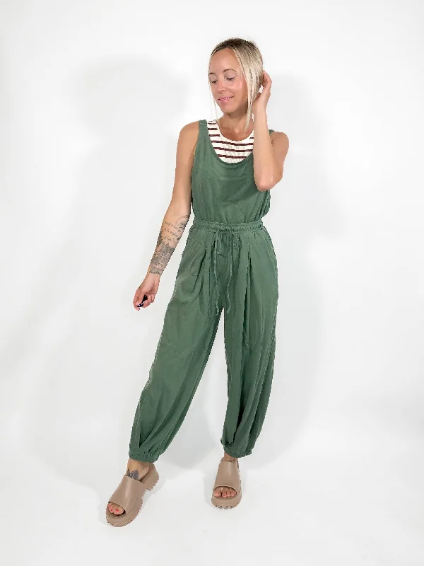 Going Places Jumpsuit- PINE