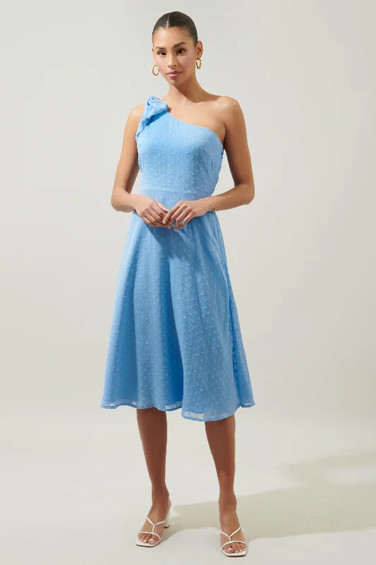 Kismet Chiffon Dot One Shoulder Midi Dress