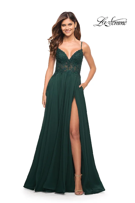 La Femme Sheer-Bodice Long A-Line Prom Dress