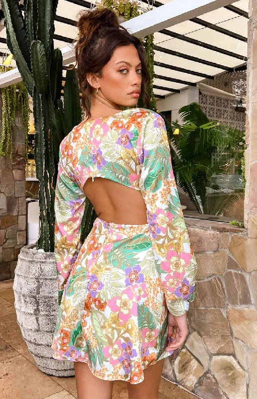 Mars Tropical Print Long Sleeve Twist Mini Dress