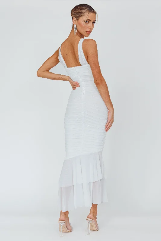 Nadia Ruched Fishtail Maxi Dress White