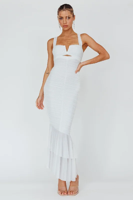 Nadia Ruched Fishtail Maxi Dress White