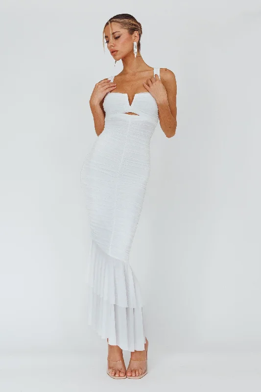 Nadia Ruched Fishtail Maxi Dress White