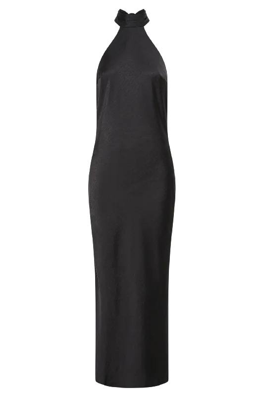 Paulette Satin Midi Dress With Bow - Black