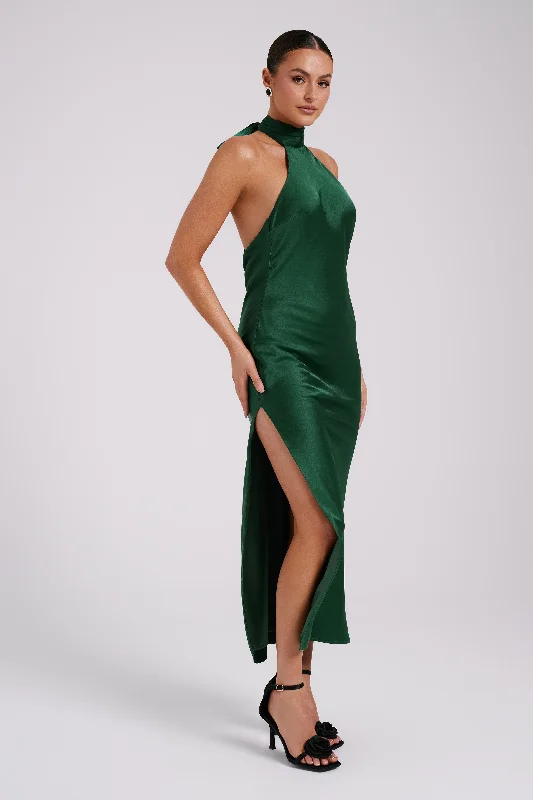 Paulette Satin Midi Dress With Bow - Emerald