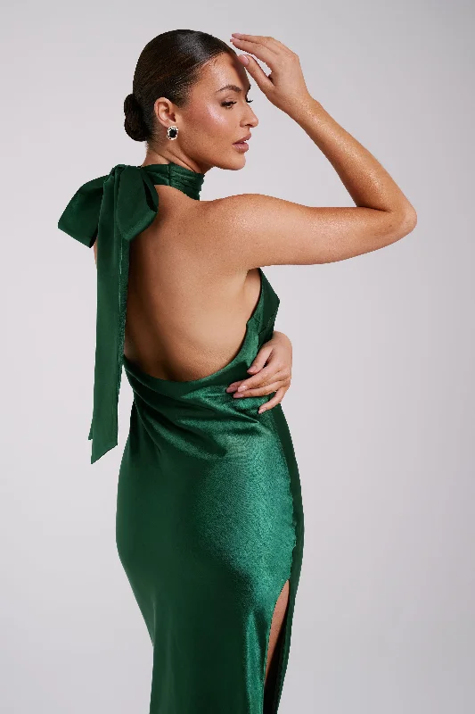 Paulette Satin Midi Dress With Bow - Emerald