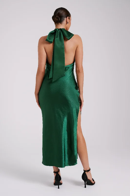 Paulette Satin Midi Dress With Bow - Emerald