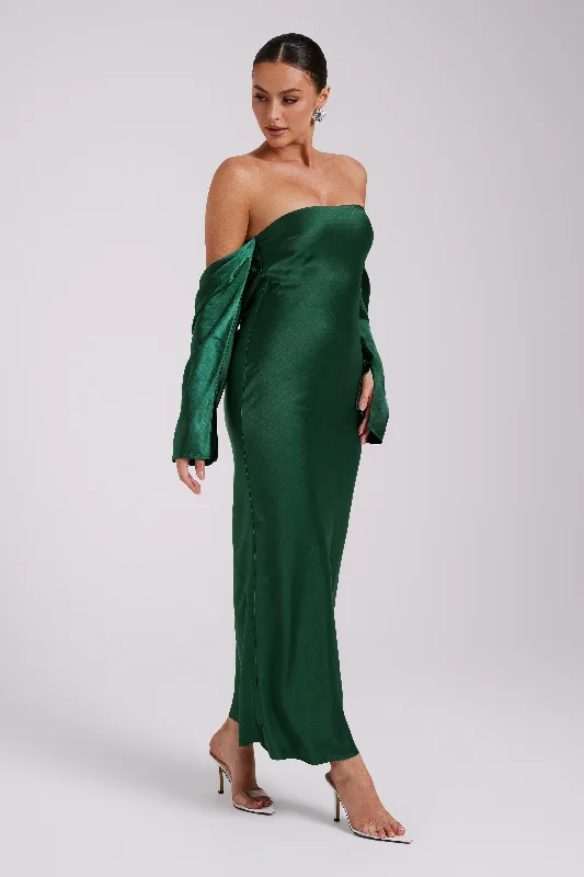 Vee Off Shoulder Satin Midi Dress - Emerald