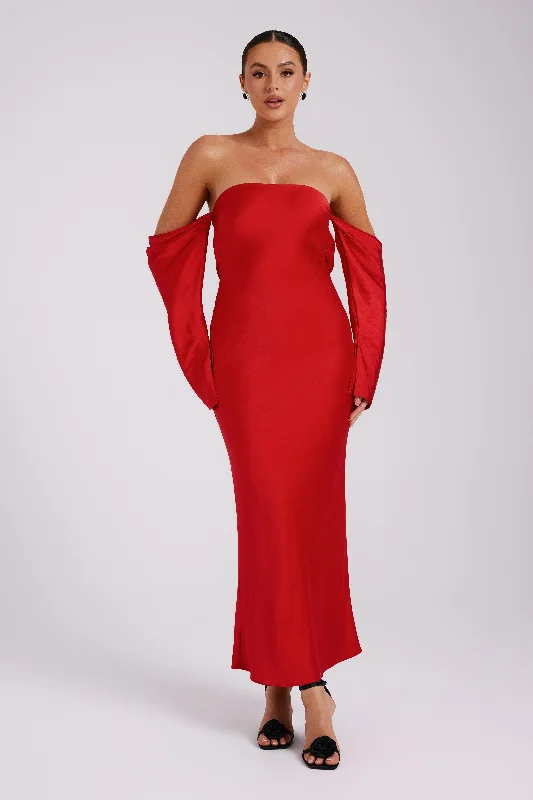 Vee Off Shoulder Satin Midi Dress - Red