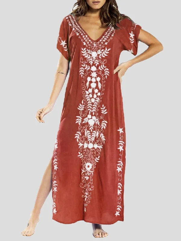 Loose V-Neck Vintage Print Slit Maxi Dress