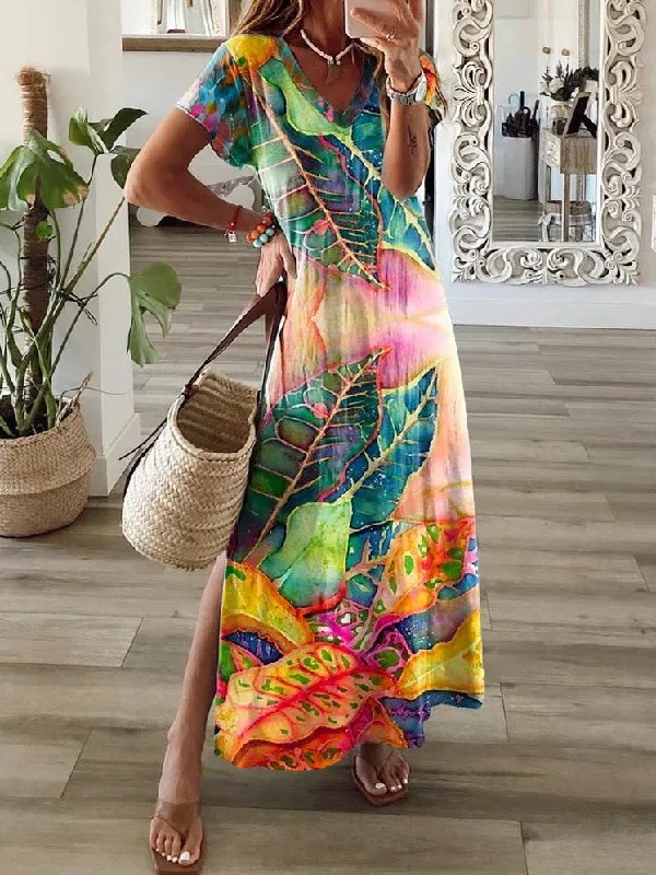 Multicolor Leaf V-Neck Short Sleeve Slit Dress