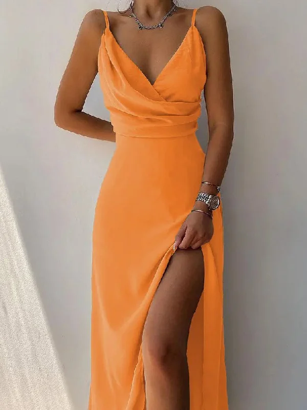 Printed Sling V-Neck Slit Dress