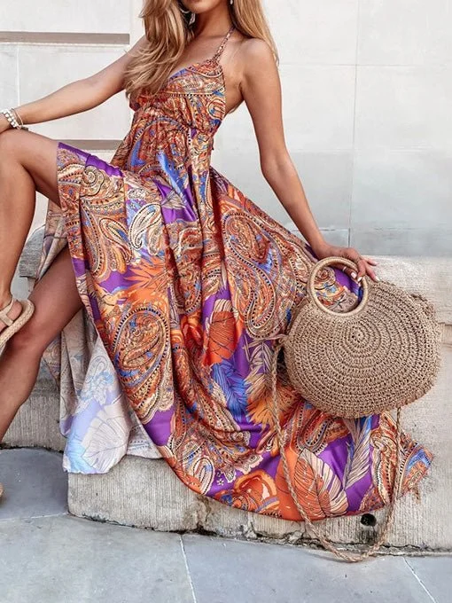 Vintage Print V-Neck Sling Swing Dress