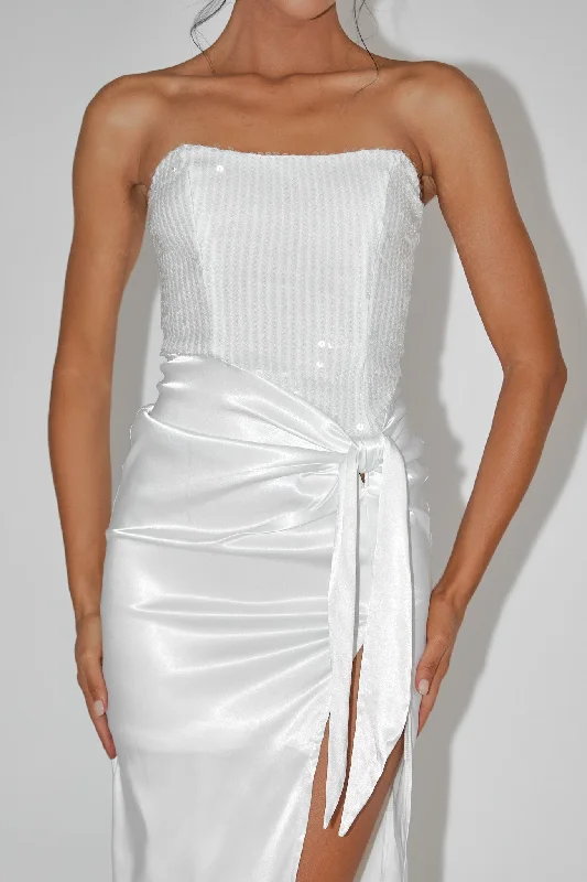 Yadira Sequin Bodice Satin Midi Dress White