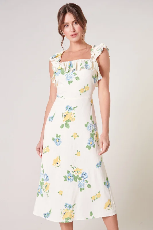 Zula Floral Ruffle Trim Milo Midi Dress