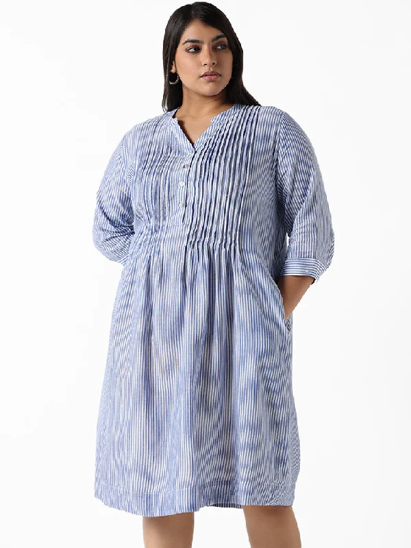 Gia Blue Striped Cotton Relaxed-Fit Straight Dress