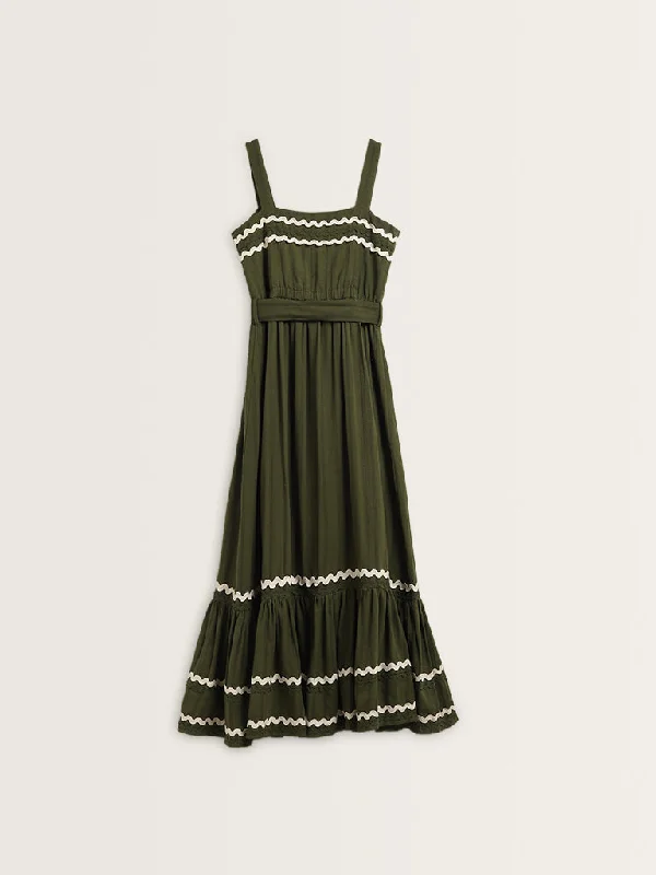 LOV Olive Embroidered Tiered Cotton Dress with Belt