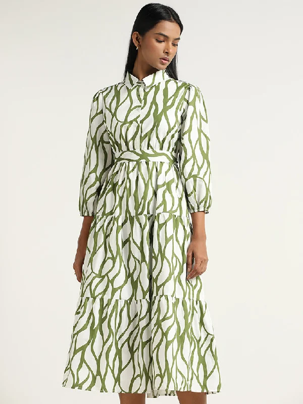 LOV Olive Printed Cotton Midi Dress with Belt