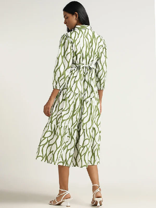 LOV Olive Printed Cotton Midi Dress with Belt