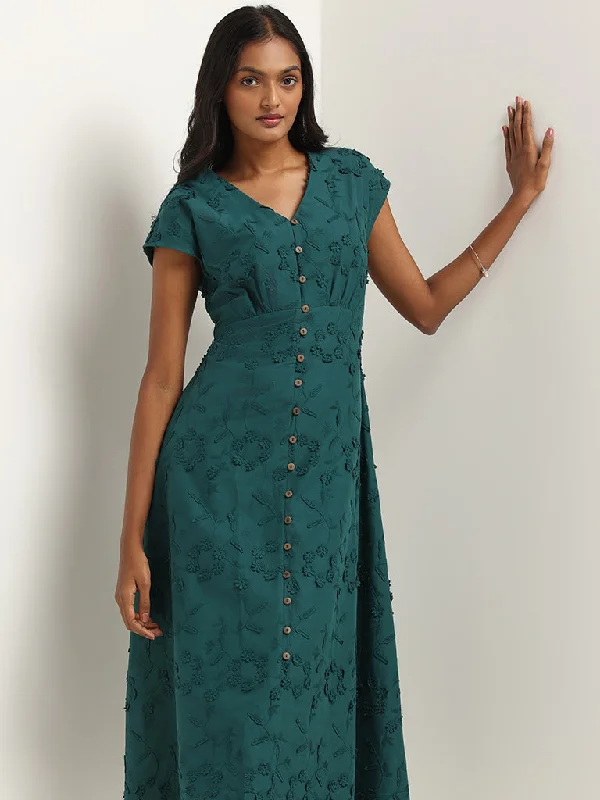 LOV Teal Embroidered Cotton Dress