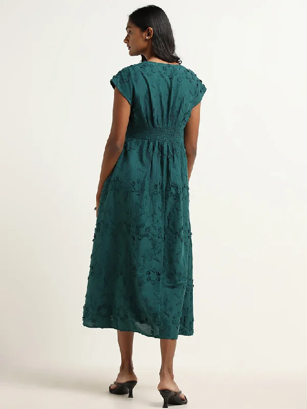 LOV Teal Embroidered Cotton Dress